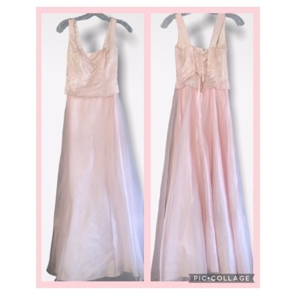 VTG Cache Pink Floral Corset Lace Up Back Chiffon Satin Tulle Formal Prom Gown 4